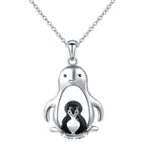 Silver Penguin Mother and Child Love Heart Pendant Necklace 