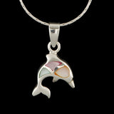 925 Sterling Silver Multi-Colored Mother of Pearl Shell Jumping Dolphin Pendant Necklace