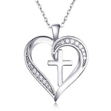  Silver Heart Cross Necklace Cubic Zirconia Pendant 