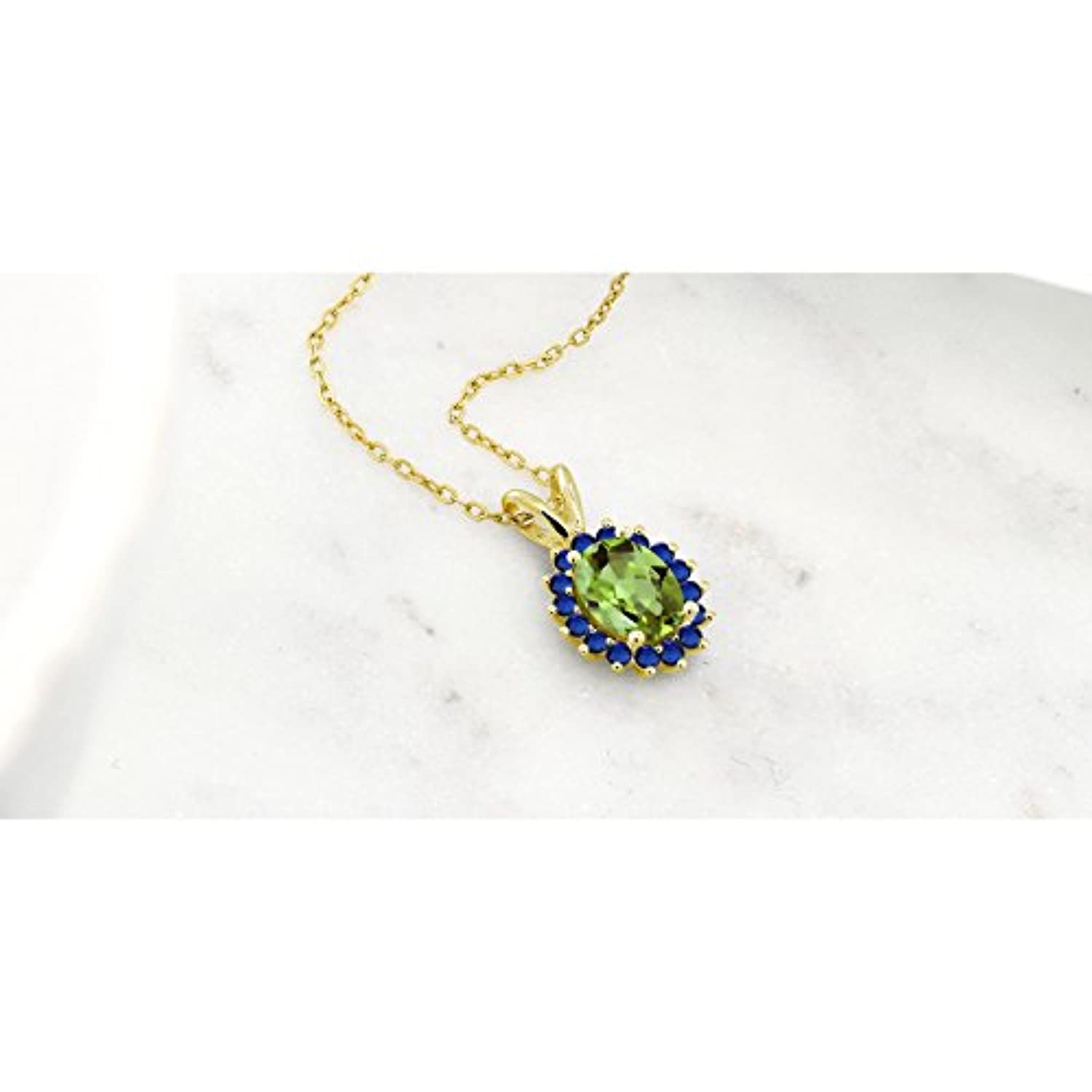 14K Gold Oval Green Peridot Blue Created Sapphire Pendant Necklace For Women