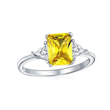 Canary Yellow Square Cubic Zirconia Princess Cut Trillion Side Stones CZ Engagement Ring 925 Sterling Silver