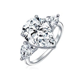 7CT Cubic Zirconia 925 Sterling Silver Trillion Side Stones Brilliant Cut AAA CZ Pear Shaped Statement Engagement Ring