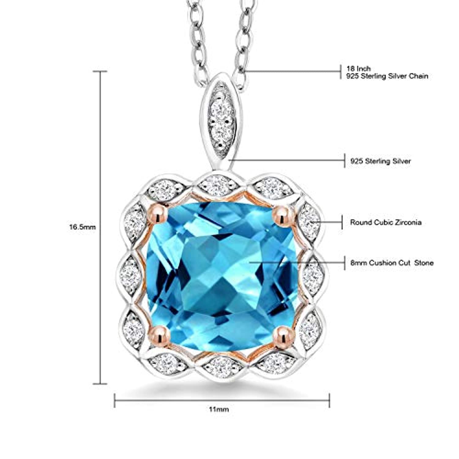925 Sterling Silver Natural Swiss Blue Topaz Pendant Necklace, 8MM Cushion Cut, 2.91 Total Carat Weight with 18 Inch Silver Chain