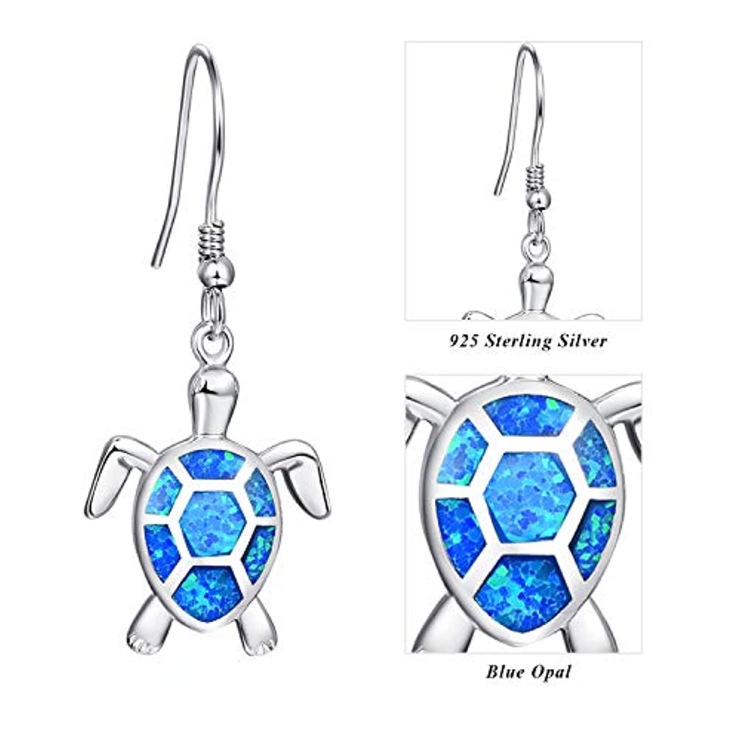 Turtle Earrings, Hawaiian Blue Opal Sea Turtle Earrings Animal 925 Sterling Silver  Dangle Drop Earrings