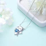 925 Sterling Silver Blue Heart Flying Pig Cute Animal Jewelry Cubic Zirconia Love Heart Pendant Necklace for Women