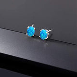 14K  Gold Oval Blue Opal Stud Earrings For Women