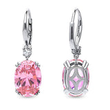 Rhodium Plated Sterling Silver Pink Oval Cut Cubic Zirconia CZ Statement Solitaire Leverback Anniversary Wedding Dangle Drop Earrings