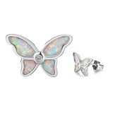 Silver Butterfly Stud Earrings White Opal Gemstone