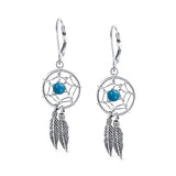 Boho Native American Style Stabilized Turquoise Dream Catcher Feather Dangle Earrings For Women 925 Sterling Silver