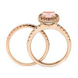 Rhodium and Rose Gold Plated Sterling Silver Halo Engagement Wedding Ring Set Made with Zirconia Morganite Color Oval Cut