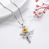 S925 Sterling Silver Cross Sunflower Necklace Pendant Jewelry for Women Girlfriend