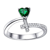 925 Sterling Silver Created Emerald Heart Cross Promise Ring