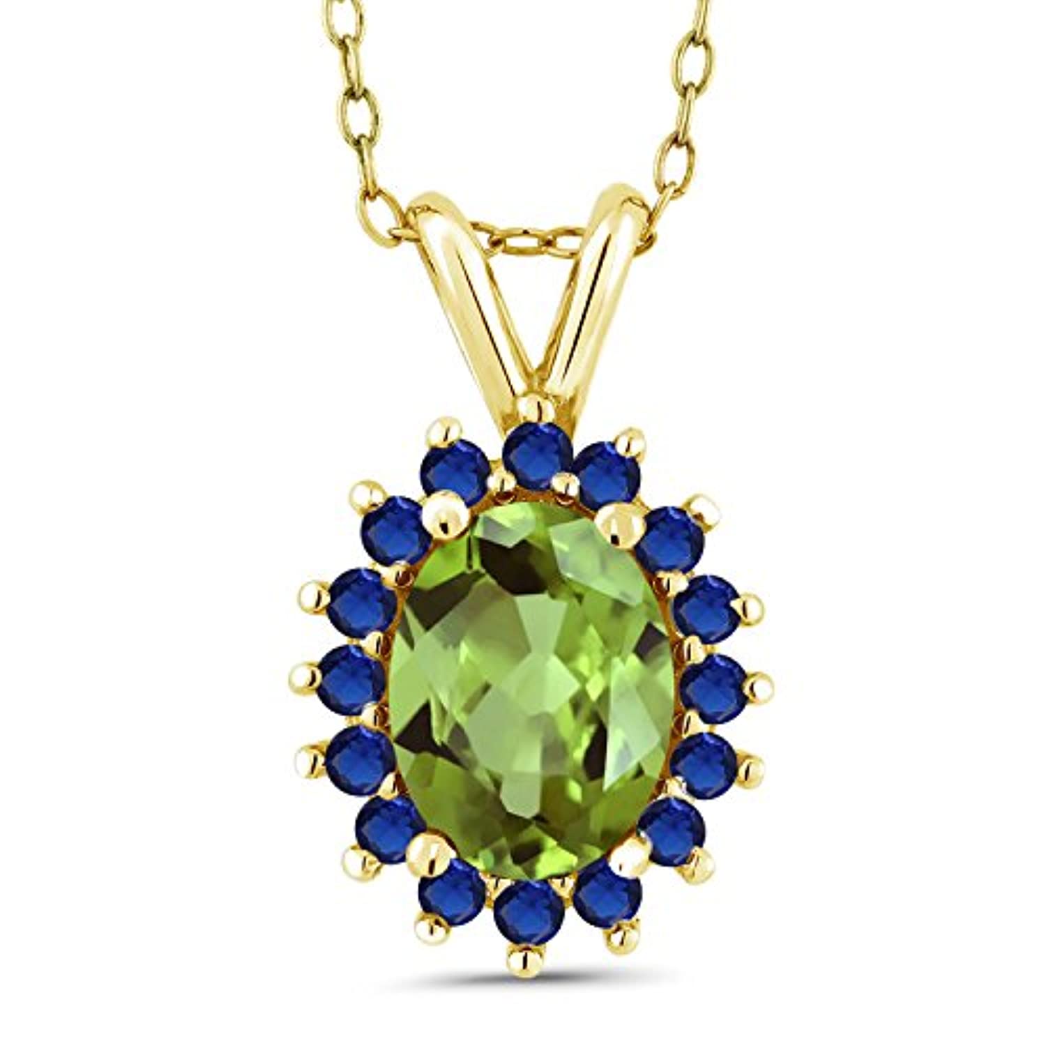 14K Gold Oval Green Peridot Blue Created Sapphire Pendant Necklace 