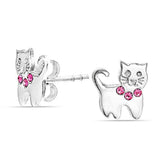 Tiny Pink Crystal Color Kitty Kitten Cat Stud Earrings For Women For Teen 925 Sterling Silver