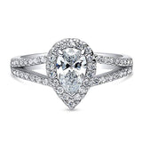 Rhodium Plated Sterling Silver Halo Promise Engagement Split Shank Ring Made with Swarovski Zirconia Pear Cut