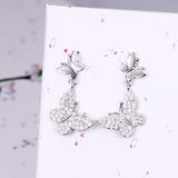 925 Sterling Silver Pave CZ Elegant Butterflies Party Pierced Dangle Earrings Clear