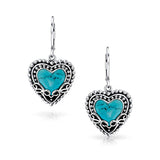 Bali Style Stabilized Turquoise Heart Shape Leverback Drop Earrings For Women Oxidized 925 Sterling Silver