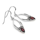 925 Sterling Silver Open Celtic Knot Symbol Red Garnet Gemstone Marquise Dangle Hook Earrings