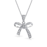 Holiday Bow Ribbon Pendant Pave Clear Cubic Zirconia Pendant Necklace For Women For Teen 925 Sterling Silver