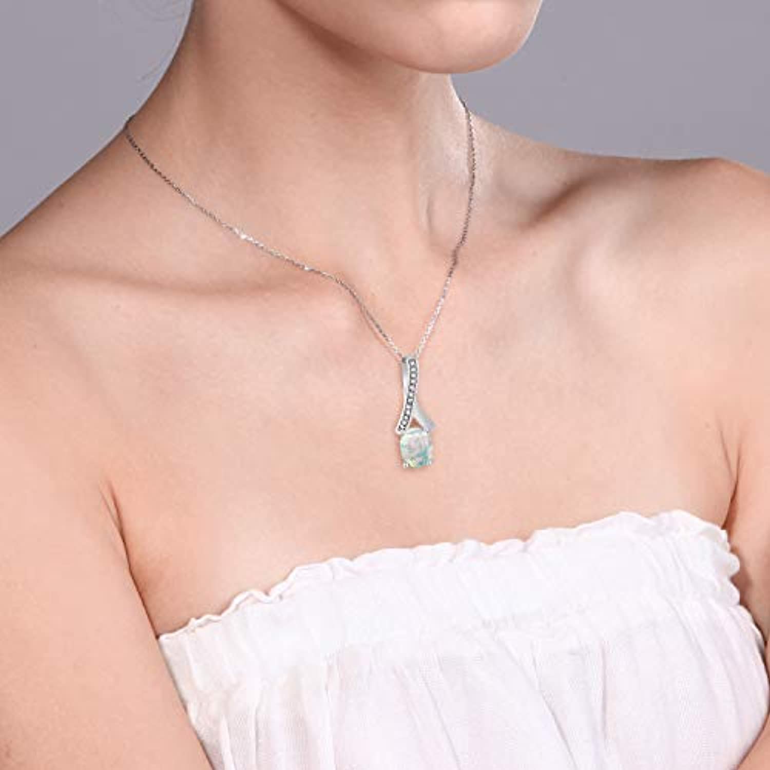 925 Sterling Silver Oval Gemstone Birthstone & cubic zirconia Pendant with 18 Inch Silver Chain