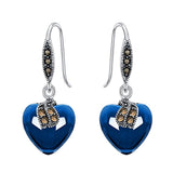 925 Sterling Silver Corundum Crystal Love Heart Retro Black Leaf Hook Dangle Earrings