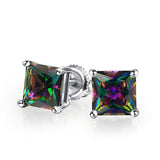 Mens Square Black Mystic Rainbow Princess Cut AAA CZ Stud Earrings For Women 925 Sterling Silver Screwback