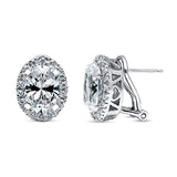 Rhodium Plated Sterling Silver Oval Cut Cubic Zirconia CZ Statement Halo Omega Back Anniversary Wedding Stud Earrings