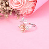 Rose Flower Ring 925 Sterling Silver Open Adjustable Rings for Women Gift