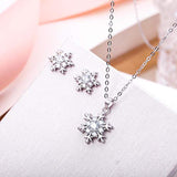 925 Sterling Silver CZ Winter Party Snowflake Flower Necklace Stud Earrings Set Clear