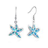 Silver Starfish Blue Opal Dangle Drop Cute Earrings
