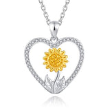 Silver Silver Love Heart Sunflower Pendant Necklace