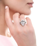 Rhodium Plated Sterling Silver Pear Cut Cubic Zirconia CZ Statement Halo Cocktail Fashion Right Hand Split Shank Ring