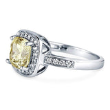 Rhodium Plated Sterling Silver Canary Yellow Cushion Cut Cubic Zirconia CZ Halo Engagement Ring
