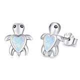Silver Heart Opal Turtle Stud Earrings 