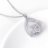 Sterling Silver Owl Mother and child Animal Heart Pendant Necklace for Women