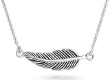 Bohemian Boho Style Sideways Diagonal Feather Leaf Pendant Necklace For Women For Teen Oxidized 925 Sterling Silver