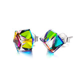 Silver Cube Stud Earrings with Rainbow Crystals from Swarovski 