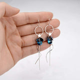 925 Sterling Silver Round Drop Lucky Star Curve Tassel Hook Dangle Earrings Bermuda Blue Adorned With Crystals