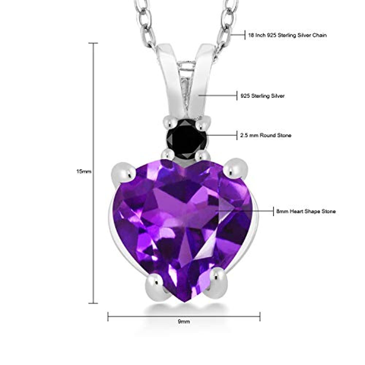 1.47 Ct Heart Shape Purple Amethyst Black cubic zirconia 925 Sterling Silver Pendant