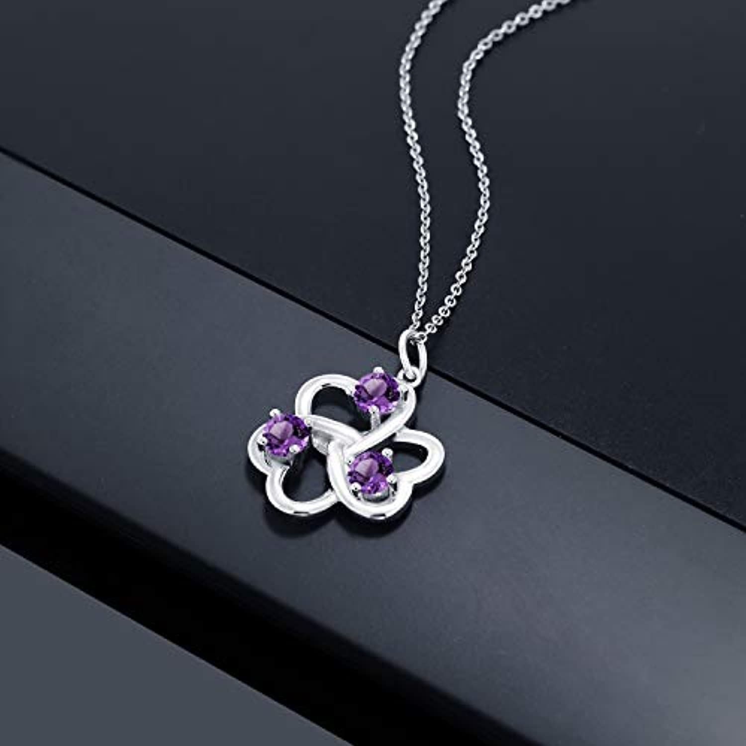 925 Sterling Silver Purple Amethyst 3 Hearts Interlock Pendant Necklace For Women (0.75 Ct Round With Silver Chain)