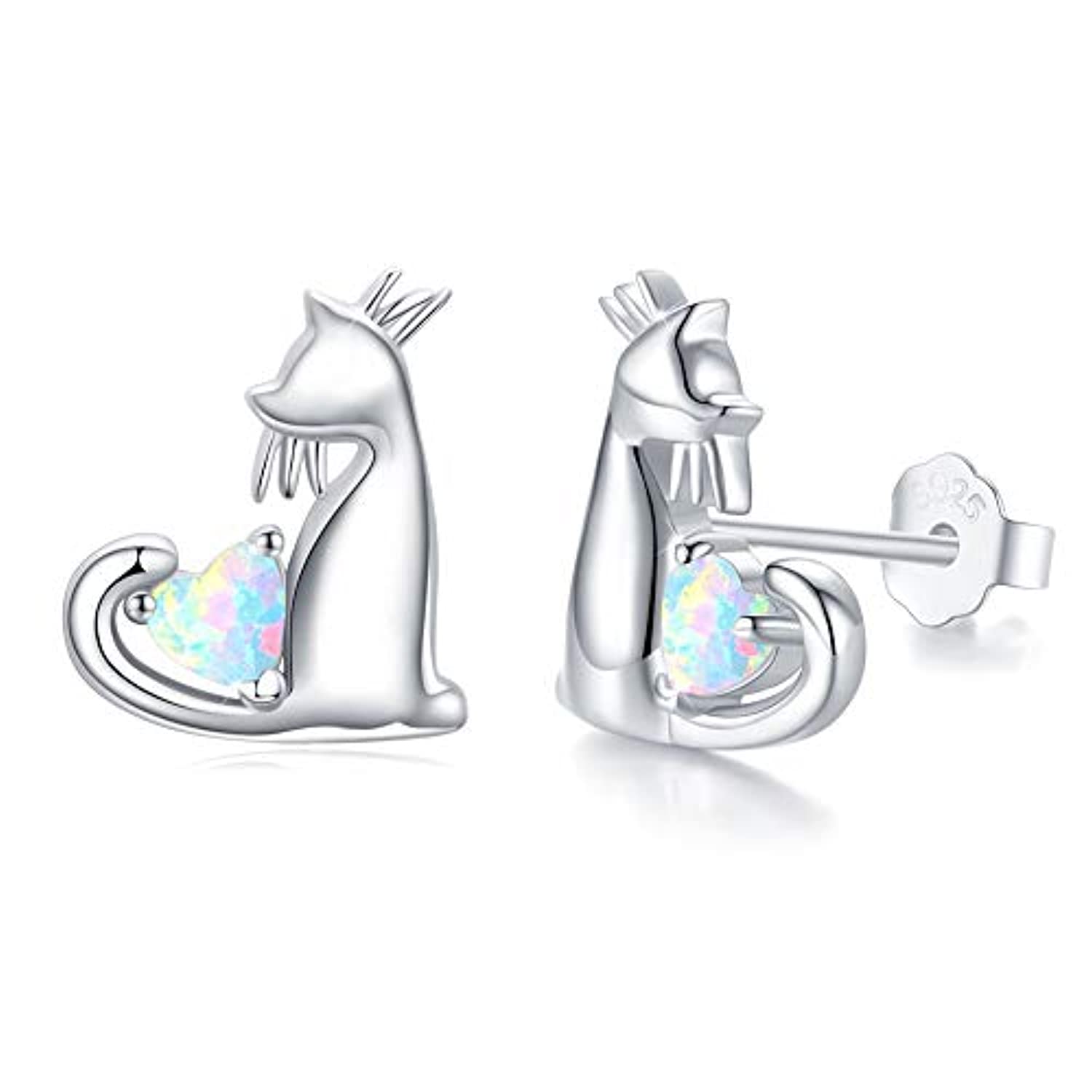  Silver  Love Heart Opal Cat Stud Earrings