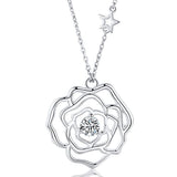 Silver Cubic Zirconia Rose Flower Pendant Necklace