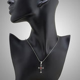 925 Oxidized Sterling Silver Red CZ Gothic Cross Knight Fleur de Lis Pendant Necklace, 18 inches