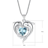 Sterling Silver Double Dolphin with Light Blue CZ Heart Pendant Necklace, Jewelry for Women, Girl, 18
