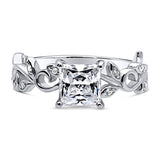 Rhodium Plated Sterling Silver Princess Cut Cubic Zirconia CZ Solitaire Leaf Filigree Promise Engagement Ring