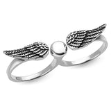 925 Oxidized Sterling Silver Angel Wings Double Two Finger Band Ring Jewelry