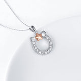 Sterling Silver Horseshoe with Rose Gold Star Pendant Necklace Jewelry