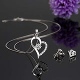 Women Love Heart Pendant Necklace Earrings Set, Sterling Silver Jewelry Set Gift for Her