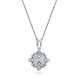 Rhodium Plated Sterling Silver Canary Yellow Cushion Cut Cubic Zirconia CZ Halo Flower Anniversary Wedding Pendant Necklace