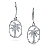 Cubic Zirconia Tropical Twisted Rope Oval Leverback Palm Tree Dangle Earrings For Women 925 Sterling Silver